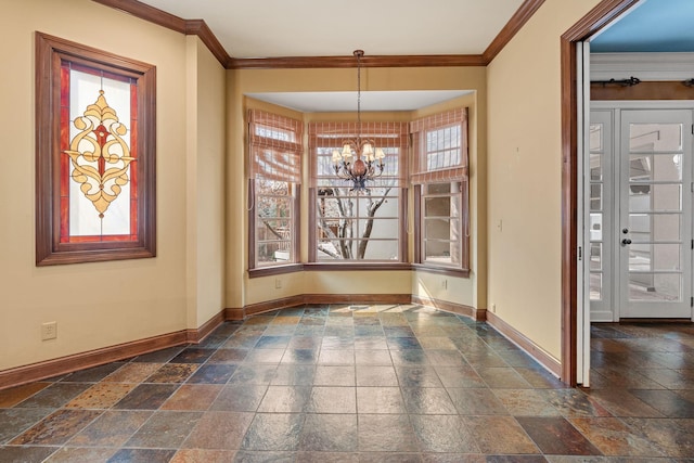 unfurnished dining area with an inviting chandelier and crown molding