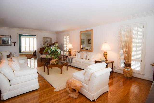 living room with hardwood / wood-style flooring and crown molding