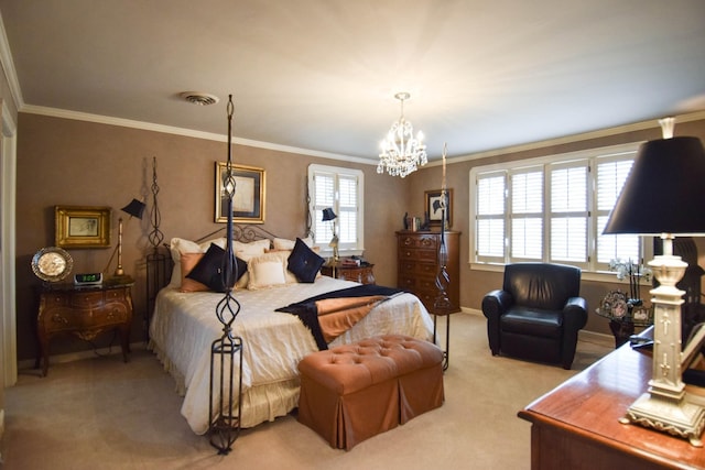 carpeted bedroom featuring ornamental molding and a chandelier