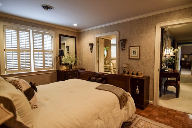 bedroom featuring parquet floors and crown molding