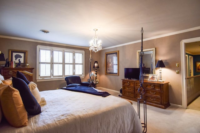 carpeted bedroom with a notable chandelier and crown molding