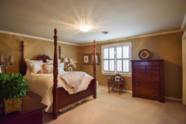 carpeted bedroom featuring crown molding