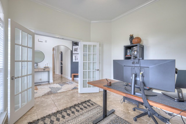 tiled office space with ornamental molding and french doors