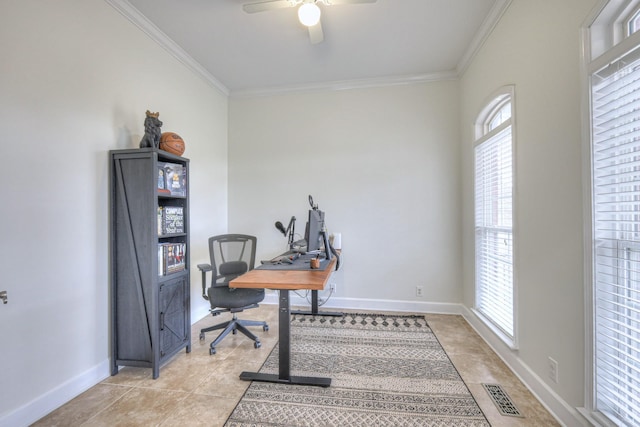 home office featuring ornamental molding, light tile patterned floors, and ceiling fan