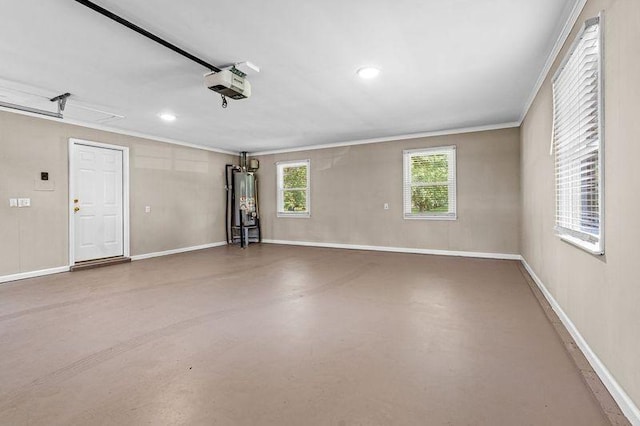 garage with a garage door opener and water heater