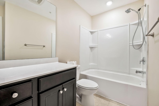 full bathroom featuring bathtub / shower combination, vanity, and toilet