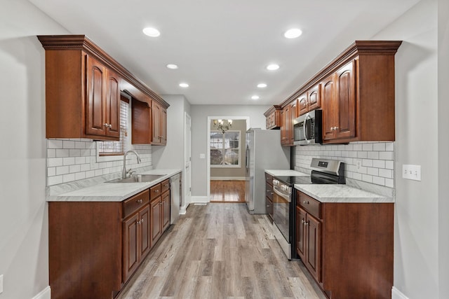 kitchen with decorative backsplash, stainless steel appliances, sink, and light hardwood / wood-style flooring