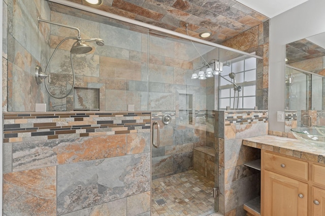 bathroom featuring vanity and a shower with shower door