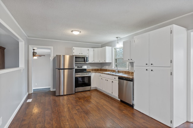 kitchen with white cabinetry, sink, dark wood-type flooring, and stainless steel appliances