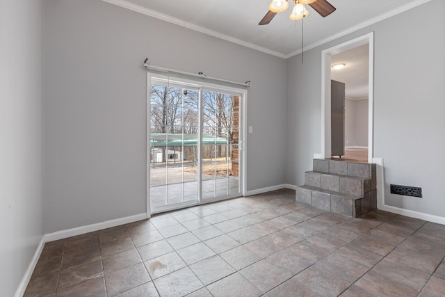 unfurnished living room with ceiling fan, ornamental molding, and tile patterned flooring