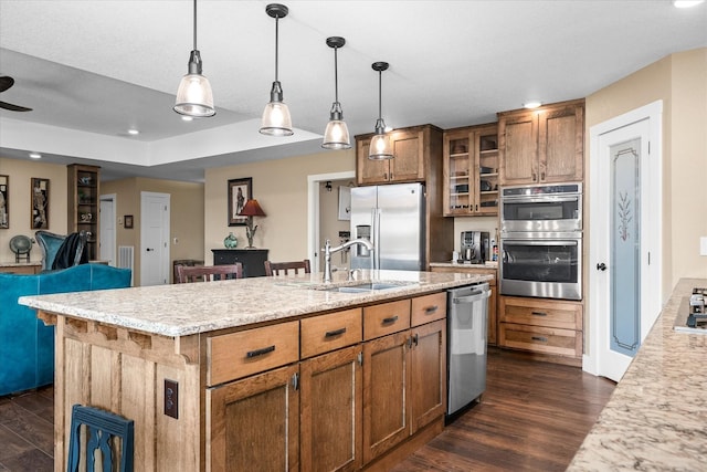 kitchen with appliances with stainless steel finishes, sink, dark hardwood / wood-style flooring, hanging light fixtures, and a kitchen island with sink