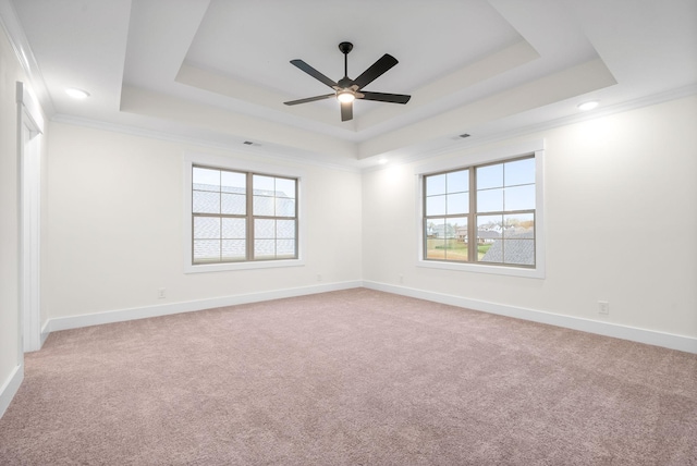 spare room featuring baseboards, a tray ceiling, ornamental molding, and light colored carpet