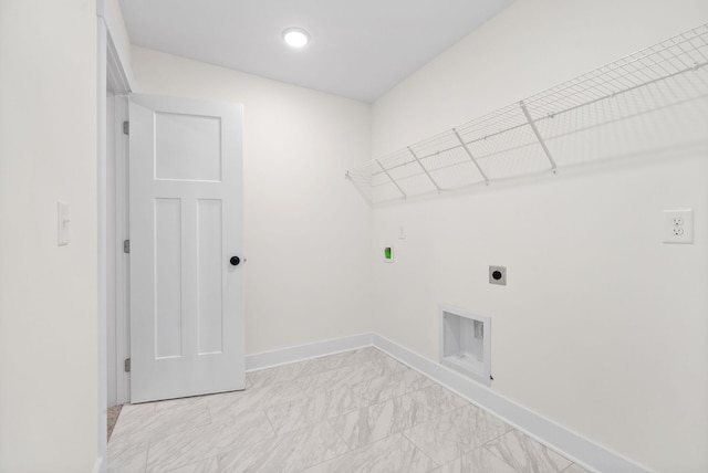 clothes washing area featuring baseboards, laundry area, marble finish floor, and hookup for an electric dryer