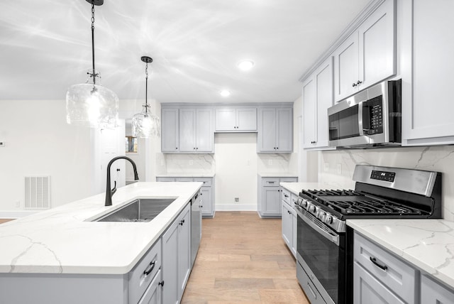 kitchen featuring tasteful backsplash, visible vents, stainless steel appliances, light wood-type flooring, and a sink