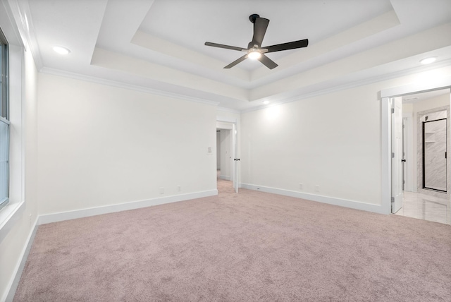 spare room with light carpet, a tray ceiling, and baseboards