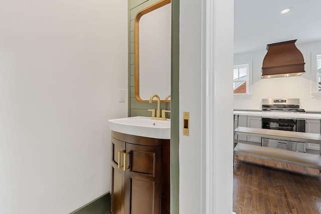 bathroom featuring vanity and wood-type flooring