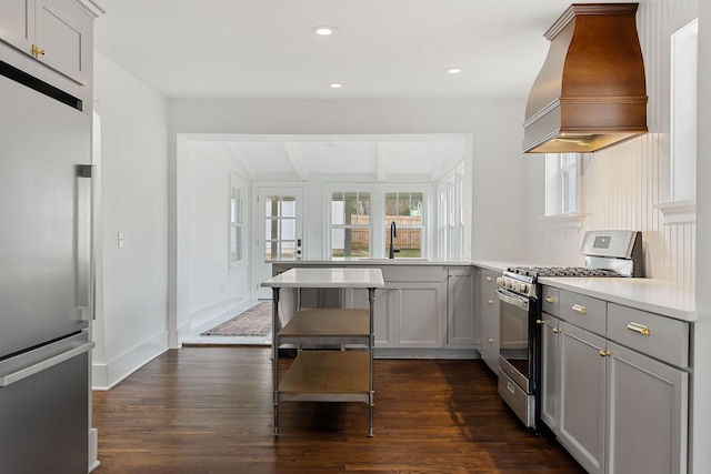 kitchen featuring sink, premium range hood, gray cabinetry, stainless steel appliances, and dark hardwood / wood-style floors