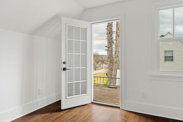 doorway with lofted ceiling and hardwood / wood-style flooring