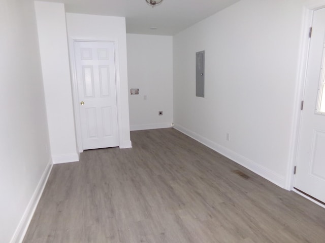 unfurnished room with hardwood / wood-style floors and electric panel