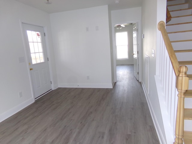 entryway with ceiling fan and dark hardwood / wood-style flooring