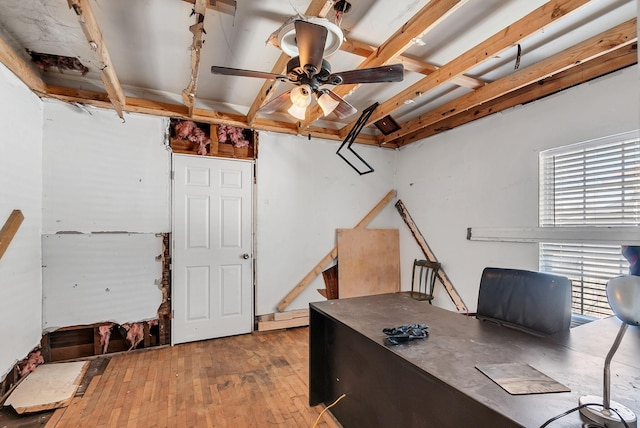 office space featuring hardwood / wood-style flooring and ceiling fan