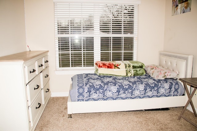 bedroom with light carpet