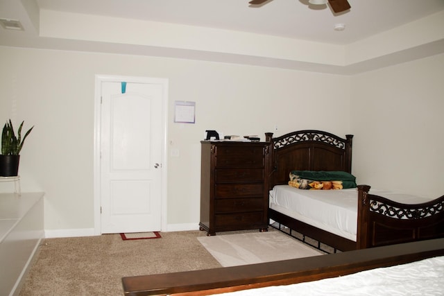 carpeted bedroom featuring a raised ceiling