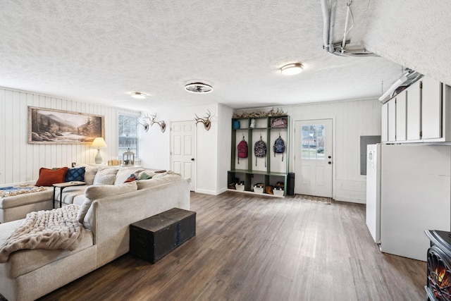 living room with dark hardwood / wood-style floors and a textured ceiling