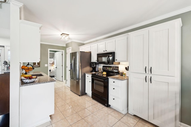 kitchen with sink, crown molding, light tile patterned floors, black appliances, and white cabinets