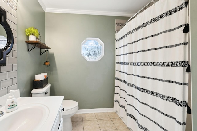 bathroom featuring tile patterned floors, toilet, crown molding, vanity, and a shower with shower curtain