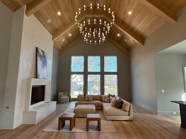 living room featuring wood ceiling, light hardwood / wood-style floors, high vaulted ceiling, and a notable chandelier