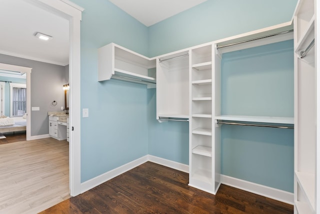walk in closet with wood finished floors
