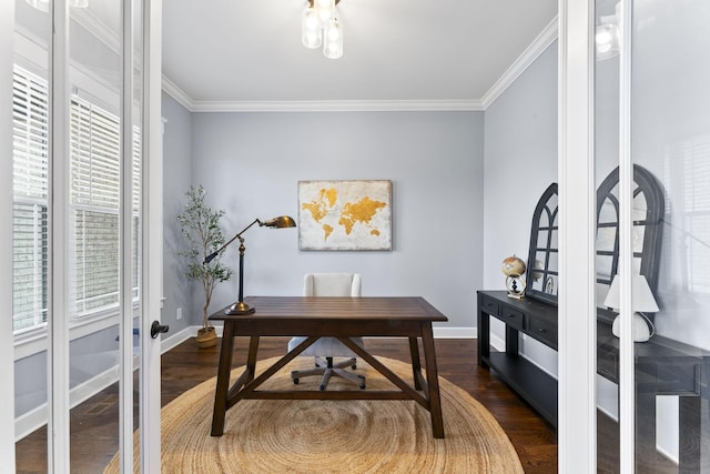 office featuring dark wood-type flooring, crown molding, and baseboards