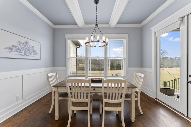 dining space with beamed ceiling, a wainscoted wall, a chandelier, and dark wood finished floors