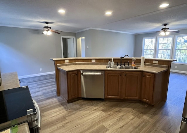 kitchen featuring range with electric cooktop, dishwasher, light wood-type flooring, ornamental molding, and a sink