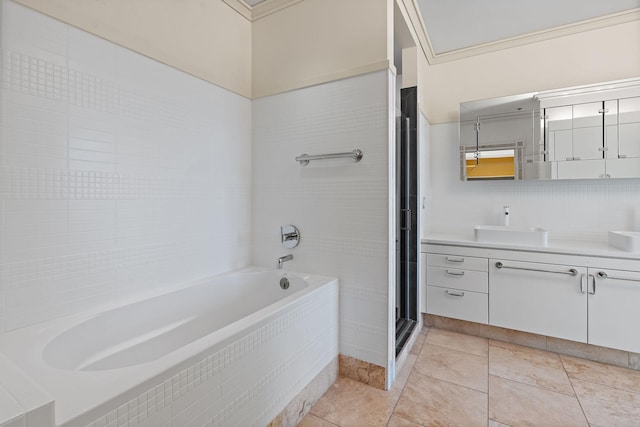 bathroom with vanity, backsplash, tile patterned floors, and separate shower and tub