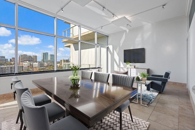 dining area featuring light tile patterned flooring and track lighting