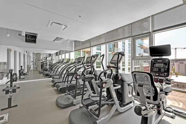 gym featuring a healthy amount of sunlight and floor to ceiling windows