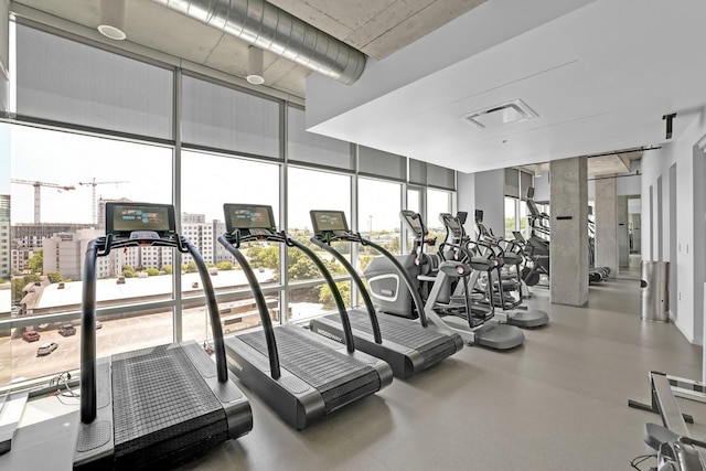 workout area featuring a wall of windows