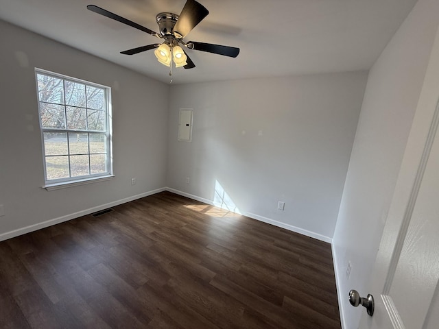 empty room featuring dark wood-type flooring, ceiling fan, and electric panel