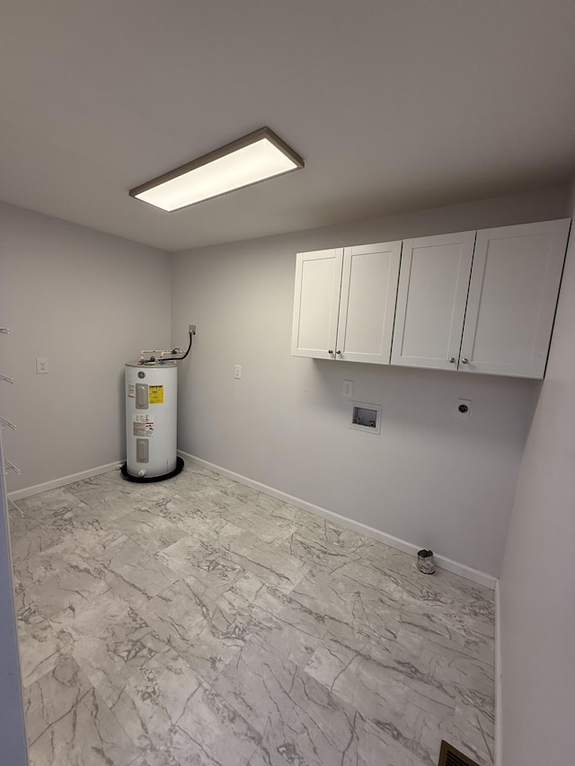 laundry area featuring cabinets, hookup for a washing machine, electric water heater, and hookup for an electric dryer