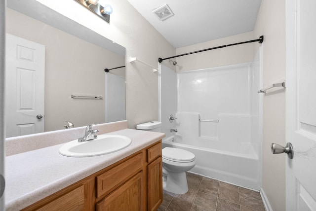 full bathroom with vanity,  shower combination, and toilet