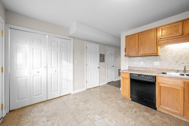 kitchen featuring tasteful backsplash, electric panel, dishwasher, and sink