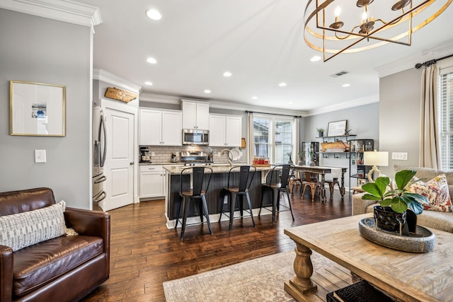 interior space with ornamental molding and dark wood-type flooring