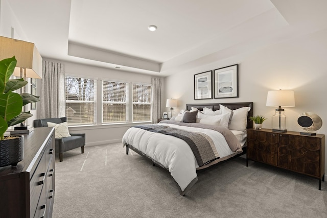 carpeted bedroom with a raised ceiling