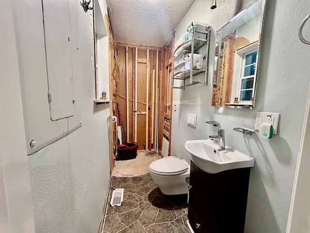 bathroom featuring vanity, toilet, and a textured ceiling