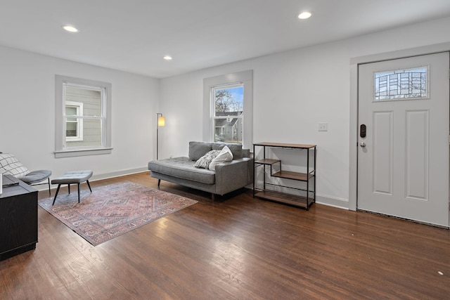 living room featuring dark wood-type flooring