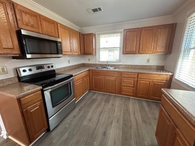 kitchen featuring ornamental molding, appliances with stainless steel finishes, sink, and dark hardwood / wood-style floors