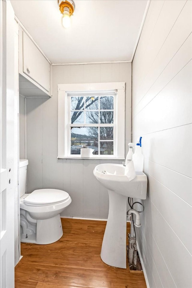 bathroom featuring wood-type flooring and toilet