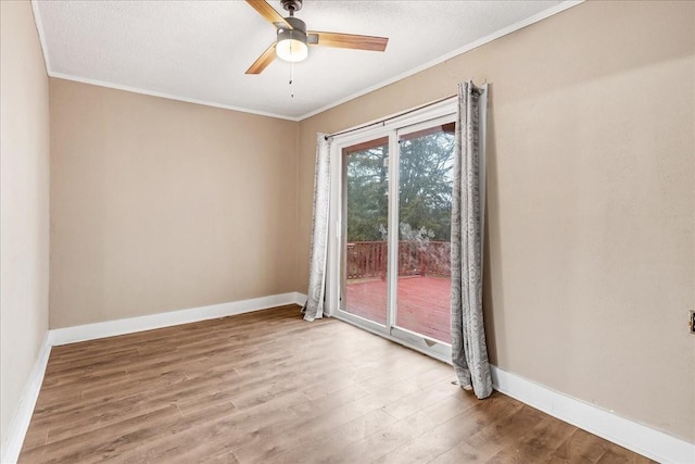 unfurnished room featuring ornamental molding, a textured ceiling, ceiling fan, and light hardwood / wood-style floors